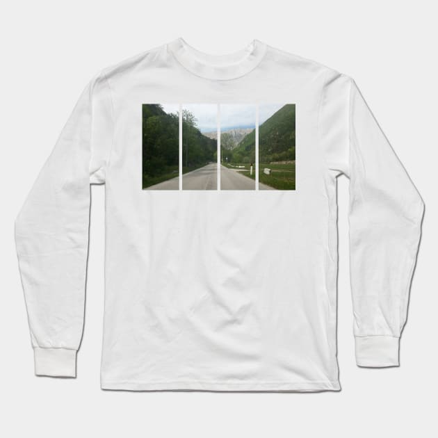 A shot on the move from behind the windshield of an electric car with alps mountains in front of it in a fresh sunny spring day. POV first person view shot on a asphalted mountain road Long Sleeve T-Shirt by fabbroni-art